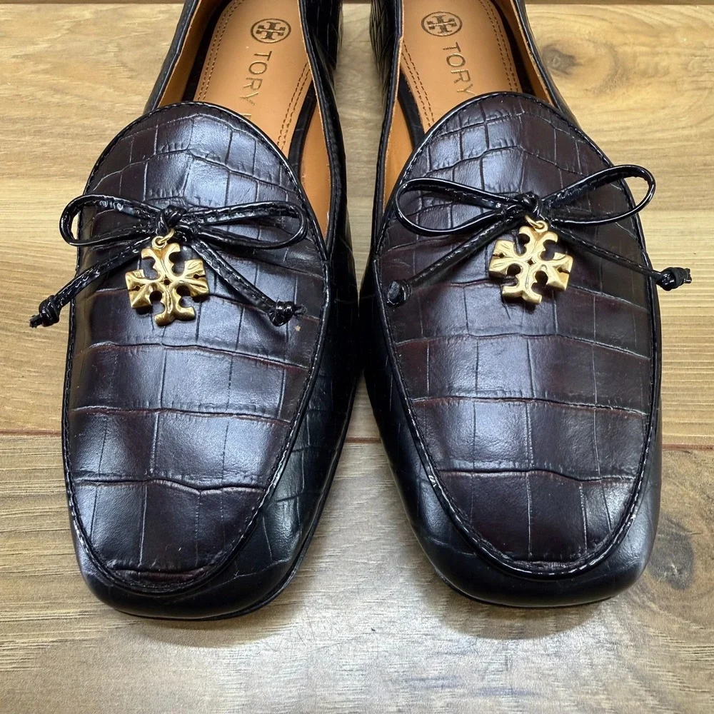 Tory Burch Charm Loafer 6 M Cocoa Croc Black Leather Bow Slip On Convertible